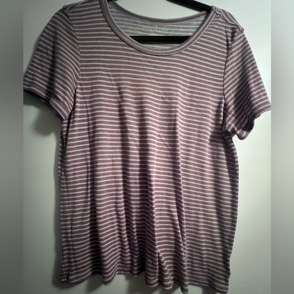 American Eagle Striped Pink & White Tee